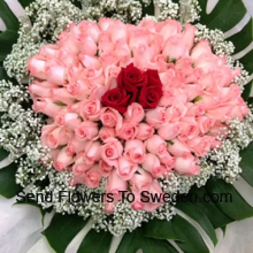Bunch Of 96 Pink And 3 Red Roses With Seasonal Fillers