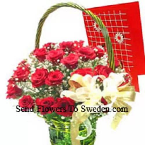 Panier de 25 roses rouges avec une carte de vœux gratuite