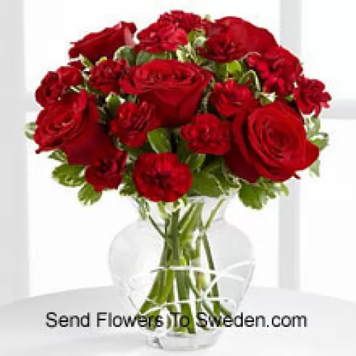 9 Red Roses And 8 Red Carnations In A Glass Vase