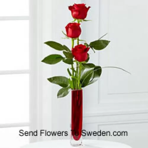 Three Red Roses In A Red Test Tube Vase (We Reserve The Right To Substitute The Vase In Case Of Non-Availability. Limited Stock)