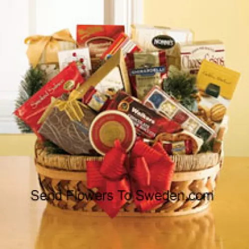 This delightful wicker and woven gift basket is a great way to say thank you to all of your clients, employees, and business associates this year. It is equally at home in the board room, the break room, or the living room, and we've included a sweet and savory selection of gourmet snacks that are all ready to eat and be enjoyed. Your recipients will be please with the great selection inside: pesto havarti cheese, smoked salmon, caviar, English tea cookies, shortbread cookies, Ghirardelli chocolates, biscotti, toffee almonds, Ghirardelli squares, Jelly Belly jelly beans, chocolate cheese sticks, chocolate caramel cookies and peppermint popcorn. (Please Note That We Reserve The Right To Substitute Any Product With A Suitable Product Of Equal Value In Case Of Non-Availability Of A Certain Product)