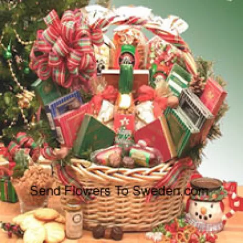 This Basket includes 2 oz White Cheddar Popcorn, 3 oz Holiday Confetti Corn, 8 oz Butter Toffee pretzels, Chocolate Cherry Delights, Chocolate Mint Delights, Peanut Butter Delights, Coconut Delights, 3 oz Summer Sausage, 3 oz Beef Salami, Grained Mustard, Stone Wheat Crackers, Happy Holidays Theme Bag with Starlite Mints, Creamy Brie Cheese Spread, Creamy Vegetable Spread, Chocolate Walnut Fudge, Holiday Tavolare Savory Snack Mix, Wolfgang Puck Gourmet Coffee, Holiday Cocoa and 4 oz. Honey Sweet Peanuts. (Please Note That We Reserve The Right To Substitute Any Product With A Suitable Product Of Equal Value In Case Of Non-Availability Of A Certain Product)
